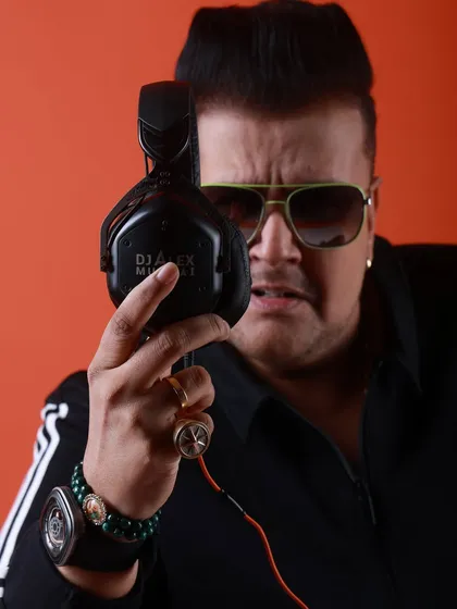 An intense, focused look. This captures the passion and drive I have for creating the perfect musical experience.