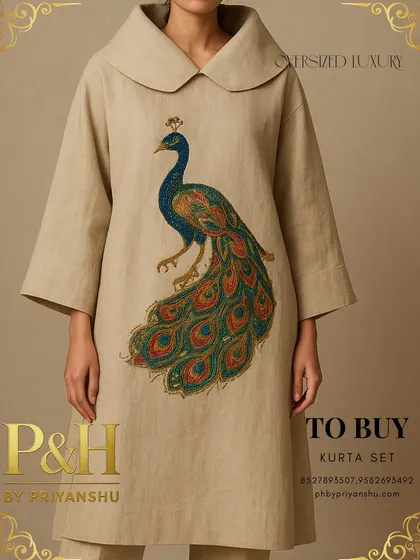 A detailed close-up of the beige linen kurta, showcasing the vibrant colors and intricate threadwork of the hand-embroidered peacock.