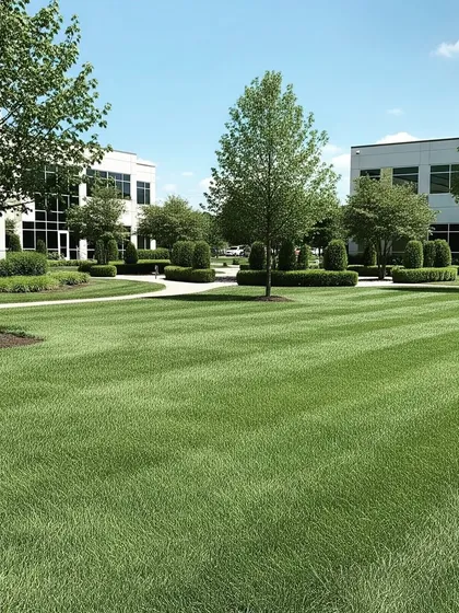 A large commercial property with a perfectly striped lawn and formally pruned trees. This level of maintenance projects a professional and polished image for any business.