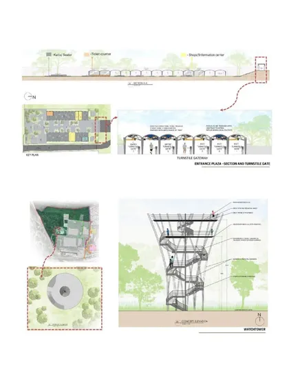 Detailed drawings for the project, including sections of the entrance plaza and a proposed observation tower.