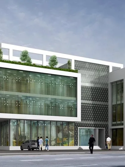 This is a 3D visualization for a modern commercial complex. The design features a dynamic glass facade and a rooftop terrace, showcasing our approach to creating contemporary and attractive commercial architecture.