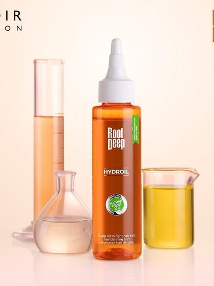 A closer look at the Root Deep Hydroil. This scalp oil is a key part of the system to fight hair fall and thinning by delivering concentrated nutrition directly to the roots.