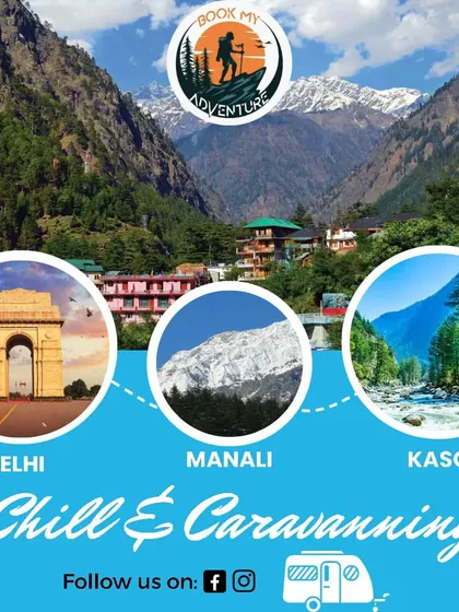 Our "Chill & Caravanning" package from Delhi to Manali and Kasol is perfect for a group of friends. This graphic shows the key destinations, promising a trip filled with scenic drives and mountain air.