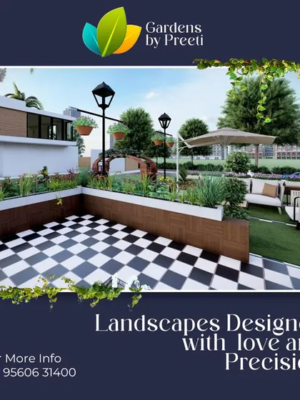 This design for a client in Punjabi Bagh showcases a bold black-and-white checkered floor, complemented by raised planters and vintage-style lamp posts. It’s a unique blend of classic and contemporary design elements.