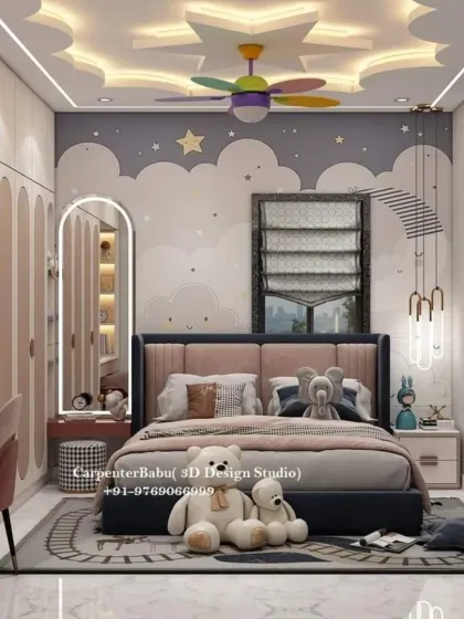 The headboard wall features a dreamy cloud and stars mural, with a cozy bed and plenty of soft toys. The design is perfect for sparking a child's imagination.