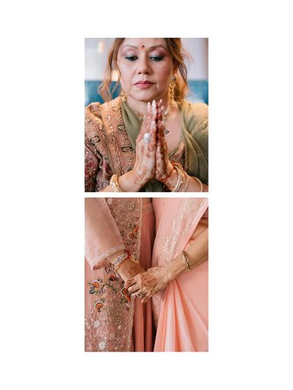 A diptych of quiet, prayerful moments during a pre-wedding ceremony. It focuses on the hands in prayer and the gentle touch between family members, capturing the emotional details.