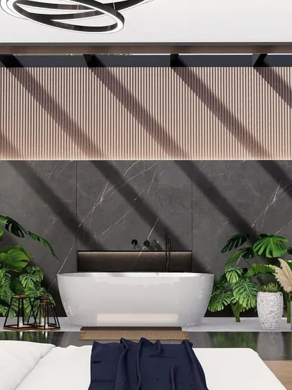 Another perspective of the open-plan bathroom, demonstrating how natural light and shadow play across the surfaces, highlighting the textures of the wood and marble.
