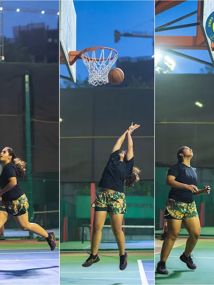 A collage showing a player in action: dribbling, shooting, and scoring. This captures the complete offensive sequence we practice in our sessions.