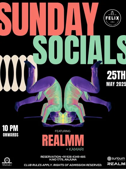 A quirky, retro-style poster for 'Sunday Socials' at Felix Goa. The playful design suggests a fun, groovy night.