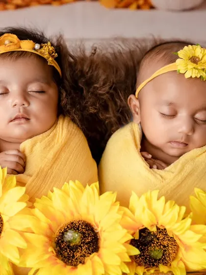 Photographing twins requires a special approach to posing and styling. Here, I used a sunflower theme to create a bright, cheerful portrait, a technique we explore in the styling and color theory module.