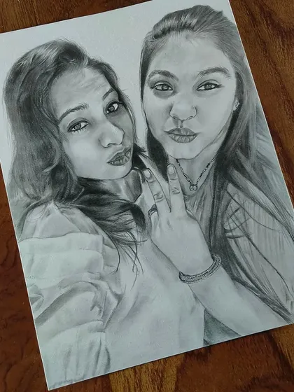 A fun and modern portrait of two friends, based on their photo. It's a great way to celebrate friendship with a unique piece of art.