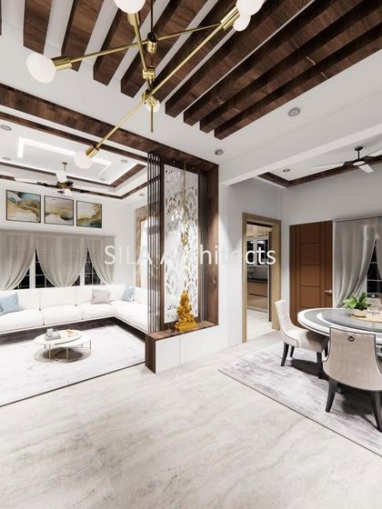 An open-plan living and dining area concept. This render shows how we plan the flow of space, with wooden ceiling rafters visually connecting the different zones.