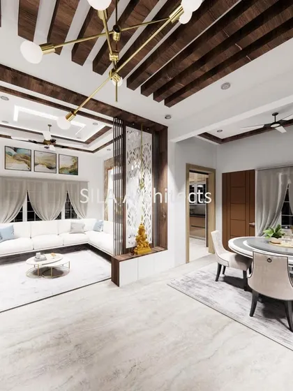 A 3D render of a contemporary designer house interior. This view shows an open-plan living and dining area with exposed ceiling beams, a modern chandelier, and a glass partition for the pooja space.