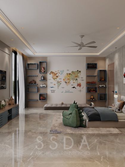 This kids' bedroom balances calm and playful design. A neutral palette is enlivened by a hand-painted world map mural and an interactive pegboard wall with adjustable shelves that can be reconfigured as the child grows.