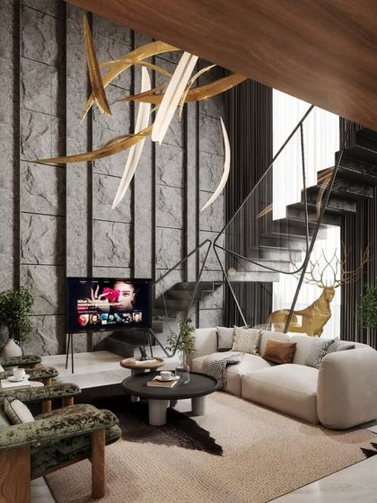 This living area features a dramatic stone wall and a soaring ceiling. Our render highlights the textural contrast and verticality of the space, along with unique decor elements like the stag sculpture and artistic chandelier.