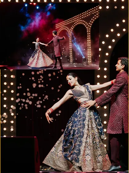 A romantic couple's duet is a cornerstone of any sangeet. We choreographed this piece to reflect the couple's chemistry, combining graceful lifts and classic Bollywood poses against a stunning, light-filled stage setup at the Umaid Bhawan Palace.
