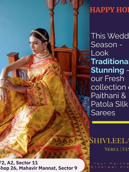 A model looking stunning in a fresh yellow Patola silk saree. These sarees are known for their geometric designs and vibrant colours, making them a standout choice for any traditional occasion.