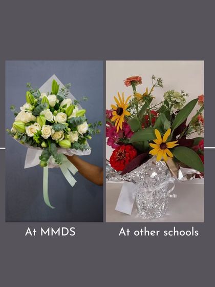 Another example of the MMDS difference. The bouquet on the left is a polished, professional hand-tied arrangement, showcasing the high level of skill my students acquire.