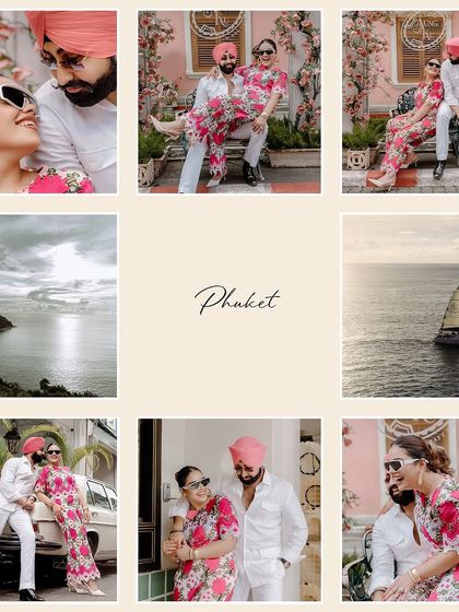 A vibrant collage from Saahil and Gurleen's pre-wedding shoot in Phuket, showcasing the fun, colorful outfits and beautiful scenery.