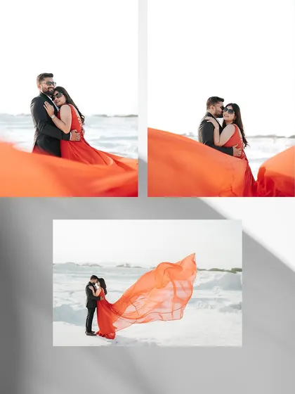 A collage showcasing the dynamic movement of the bride's red dress in the wind, creating a series of powerful and artistic images.