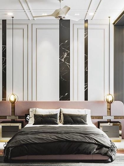 A luxurious master bedroom concept with a dramatic wall treatment. The design features white panels with black marble inlays, a dusty rose headboard, and elegant pendant lights.