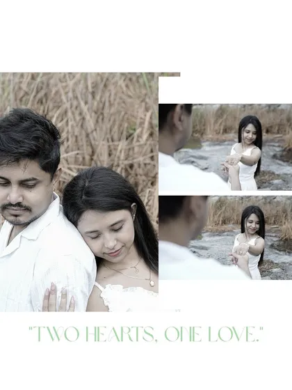 A collage combining a tender portrait with smaller detail shots from a nature-themed pre-wedding shoot.