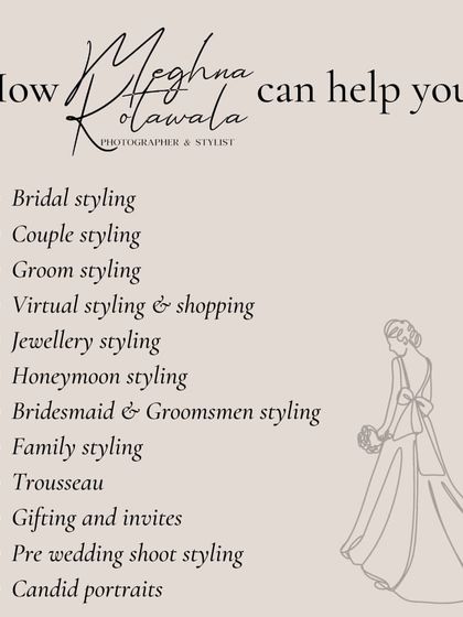A list of all the ways I can help you. From bridal and groom styling to virtual shopping, jewelry curation, and even pre-wedding shoot styling, my services cover every aspect of your wedding journey.