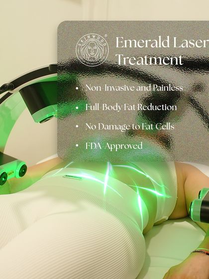 This graphic lists the key benefits of the Emerald Laser treatment. It is a non-invasive and painless procedure that offers full-body fat reduction without damaging fat cells, and it is fully FDA-approved for your safety.