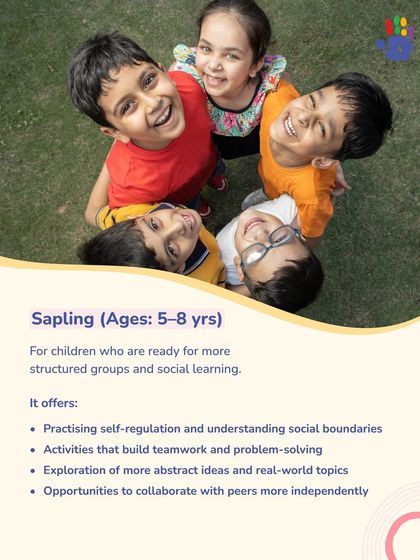 The 'Sapling' module is for children aged 5-8 who are ready for more structured social learning. It offers activities that build teamwork and problem-solving, helping them practice self-regulation and understand social boundaries.