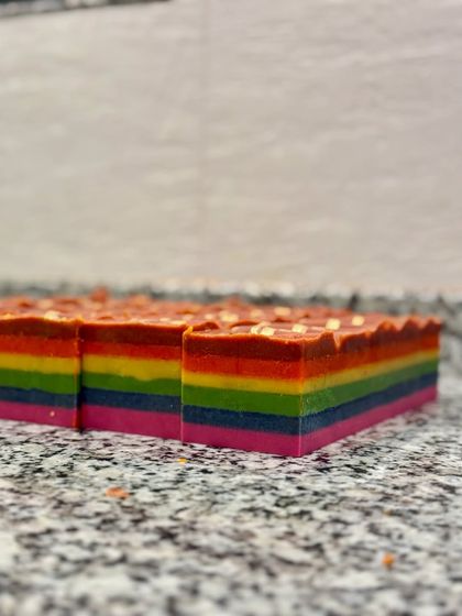 A side profile of the Rainbow soap, showing the seven distinct layers of color we achieve using natural pigments.