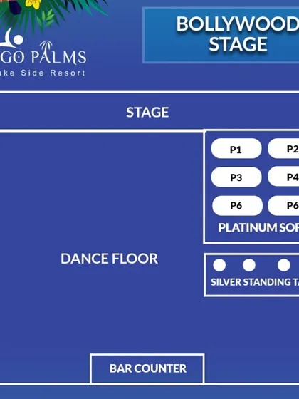 The floor plan for the Bollywood Stage at our NYE 2025 party. We design distinct zones for dancing, lounging, and service to manage the flow of a large crowd effectively.