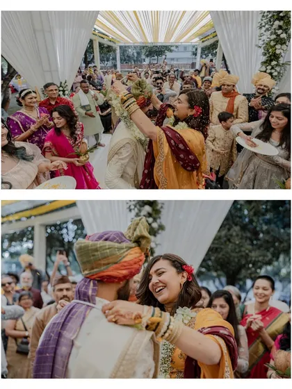 A collage of laughter and love during a vibrant, sunlit Varmala ceremony. These images showcase the fun and playful dynamic between the couple and their families.