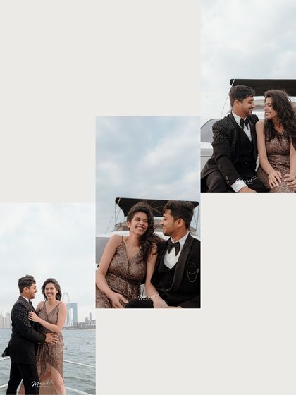 An artistic collage from their Dubai yacht pre-wedding shoot, capturing different angles and moods.