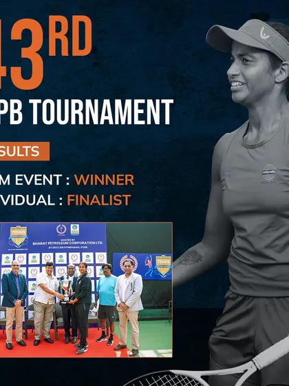 Proven results. A graphic celebrating Riya Bhatia's success at the 43rd PSPB Tournament, where she was a winner in the team event and a finalist in the individual category.