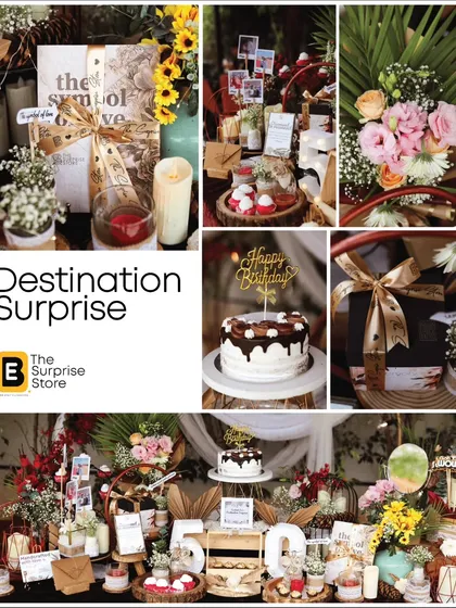 A collage showcasing the beautiful, rustic, and luxurious elements of our Destination Surprise decor, including personalized gifts, cakes, and floral arrangements.