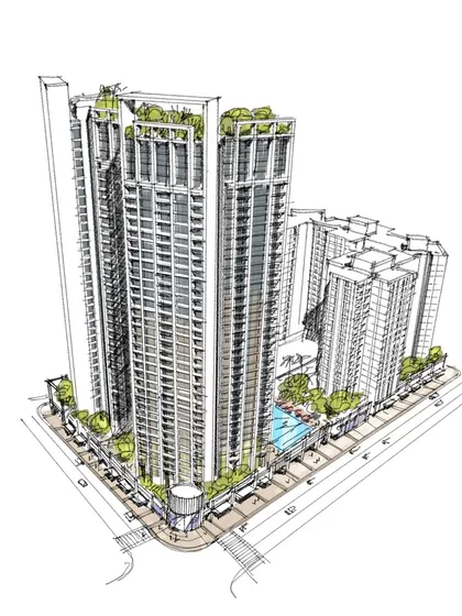 This conceptual sketch captures the essence of a high-rise project, focusing on the integration of green spaces like rooftop gardens and a podium-level pool. Our design process always starts with a strong artistic vision that balances architectural form with natural elements.