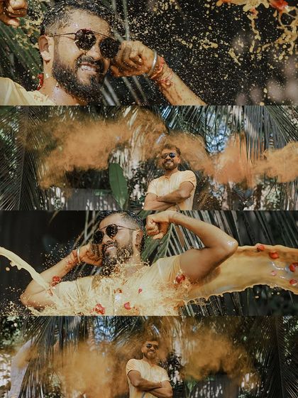 A dynamic collage of the groom's Haldi, featuring creative shots of turmeric powder and water splashes.