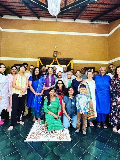A joyful moment with our spiritual family, our sangha, at the Ananda Bangalore Retreat. We believe that spiritual community, or satsang, is one of the greatest supports on the path, and we cherish these times of shared joy and divine friendship.