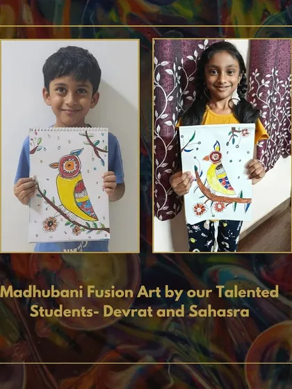 Our talented students Devrat and Sahasra with their Madhubani fusion art. They did a wonderful job with the bright colors and traditional patterns.