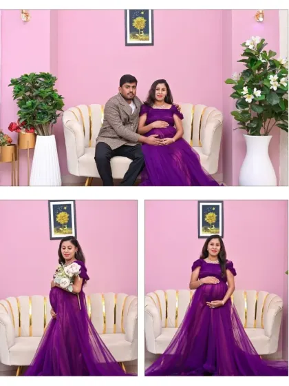 A collection of photos featuring our purple gown. It shows the versatility of the dress in both solo and couple's portraits against a clean, modern backdrop.