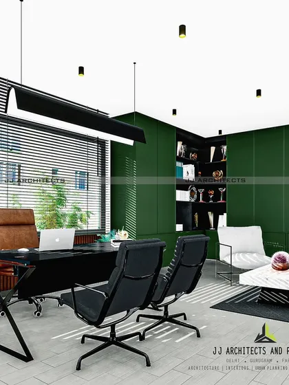 Another option for the same home office space, this time with a bolder, more traditional look. It features dark green walls with built-in bookshelves and a classic executive desk.