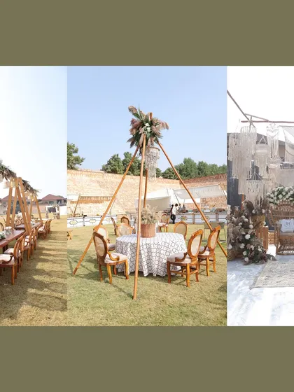 A collage of a boho-themed Haldi, showing different angles of the outdoor setup, including the long dining tables, teepee-style seating, and the main stage.