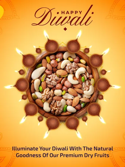 Illuminate your Diwali with the natural goodness of my premium dry fruits. This festive image shows a bowl of mixed nuts surrounded by diyas, capturing the true spirit of the festival.