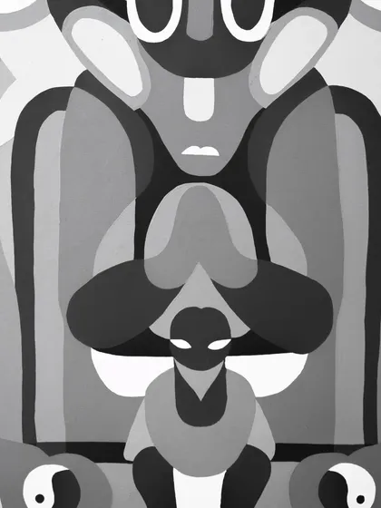 A close-up of the central figure's face.