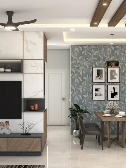This 3D design shows how we plan a combined living and dining area. We focus on creating a functional layout that defines each space while maintaining an open, connected feel, complete with a custom TV unit and coordinated dining furniture.