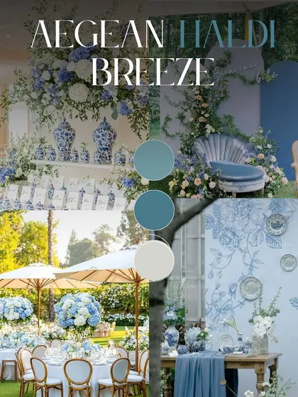 An "Aegean Breeze" theme, inspired by the blue and white of the Greek islands. This concept uses blue pottery, white hydrangeas, and elegant furniture for a sophisticated and refreshing look.