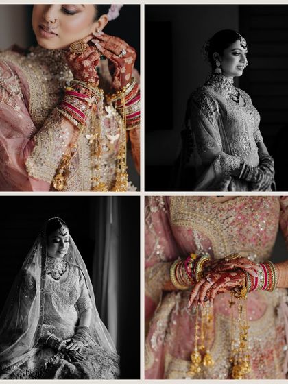 A collage of Radhika's bridal details. It includes close-ups of her intricate 'kaleerein', her hands, and beautiful black and white portraits, capturing the essence of her look.