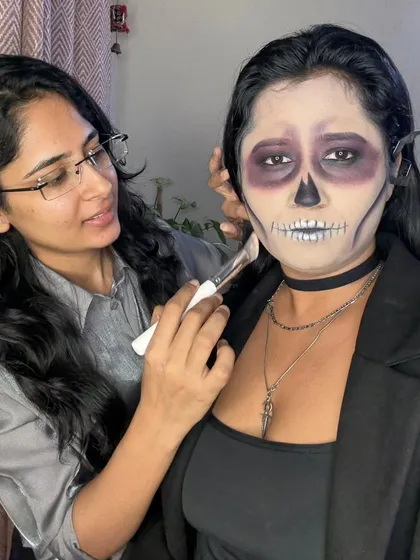 A behind the scenes look at me creating a skeleton face for a Halloween party. I use contouring and shading with professional face paints to create the hollowed out effect for a classic spooky character.