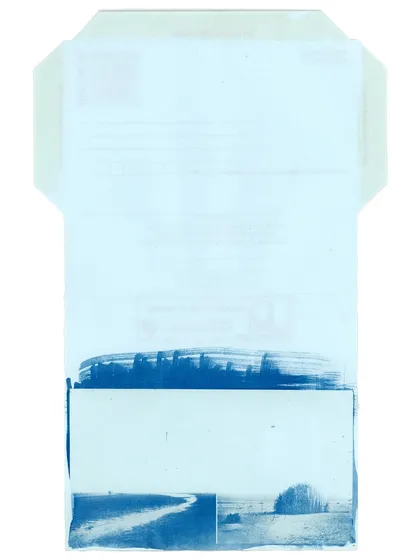 A cyanotype print on a vintage inland letter. This piece combines the nostalgia of analog communication with the beauty of alternative process photography, creating a hidden piece of art for the recipient.