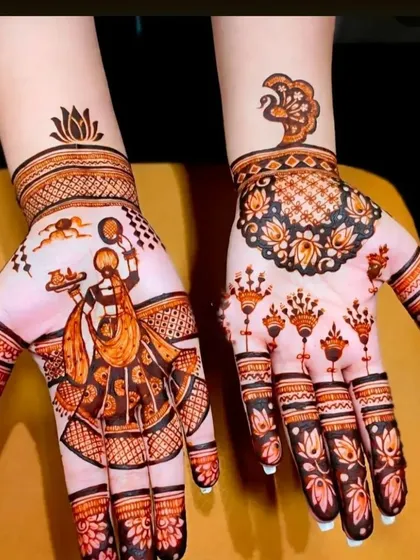 I create special designs for festivals, like this Karwa Chauth mehandi showing the traditional scene. It's a beautiful way to celebrate your special moments.